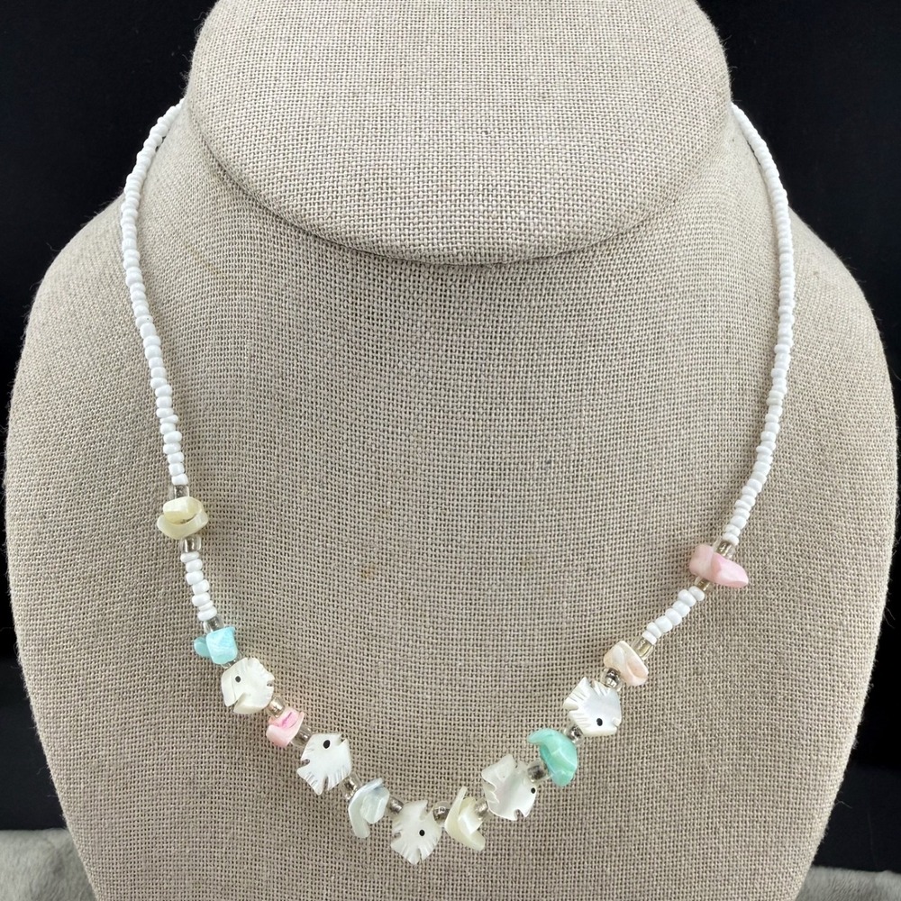 Vintage Heishi Fetish Necklace Beaded Carved Shell Fish 16"